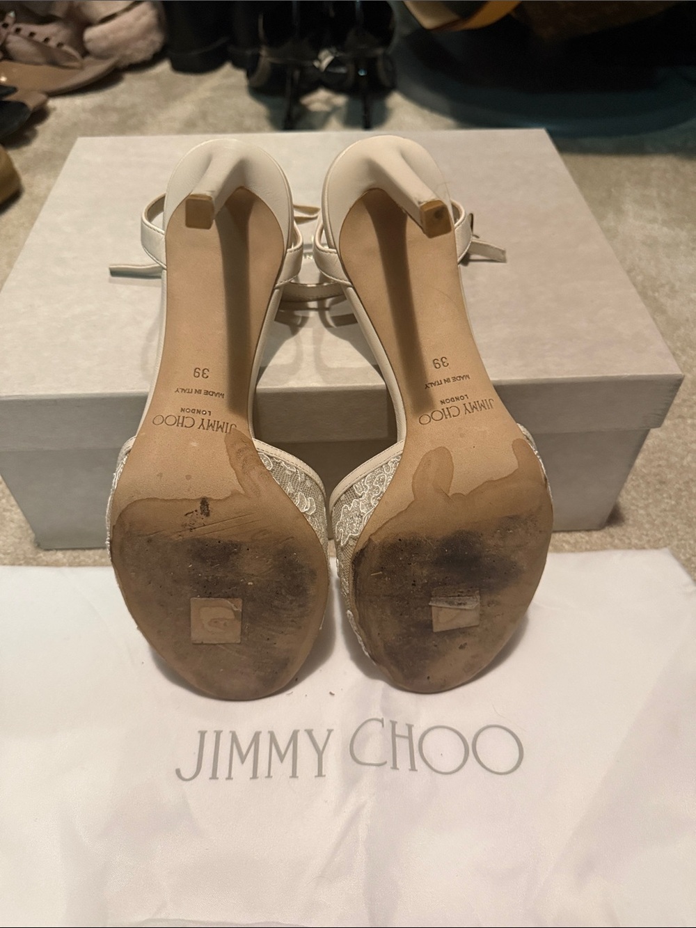 Jimmy Choo Ivory Lace Open-Toe Ankle-Strap Heels with Pearl Accent - Picture 3 of 3